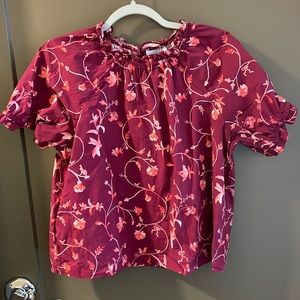 The Kit Top - Burgundy Botanical Poplin